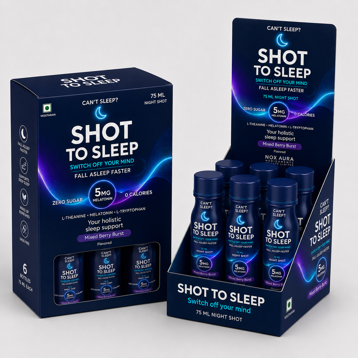 Shot To Sleep 6-bottle packaging box and display carton