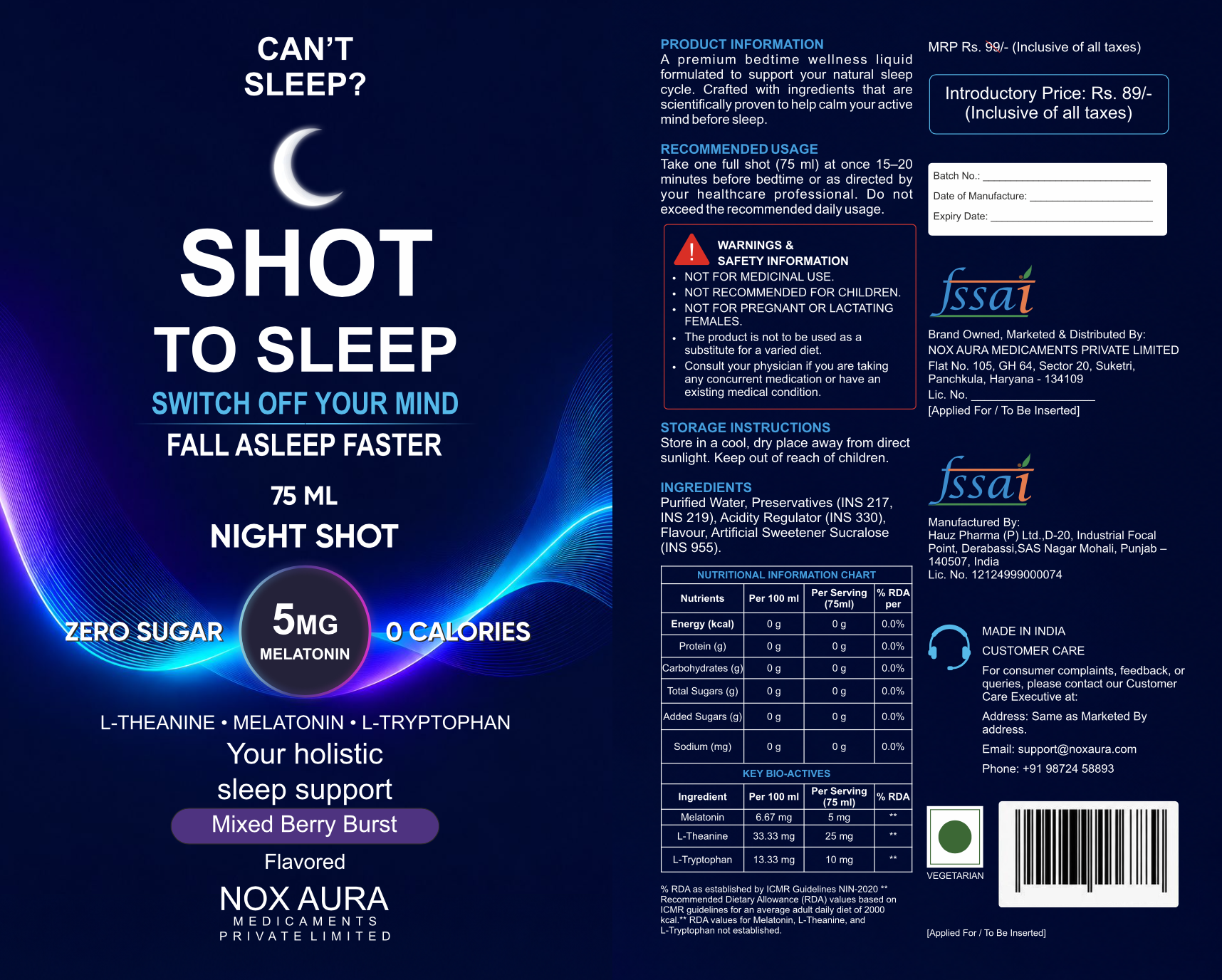 Shot To Sleep nutrition, ingredients and safety label
