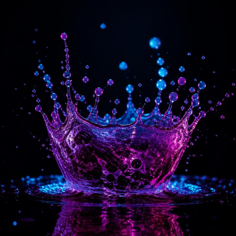Violet berry liquid splash with glowing cyan droplets