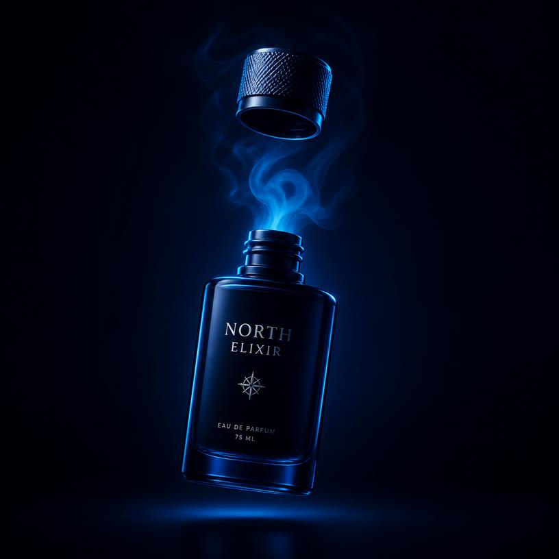 Midnight blue night shot bottle with its cap twisting off and glowing blue mist